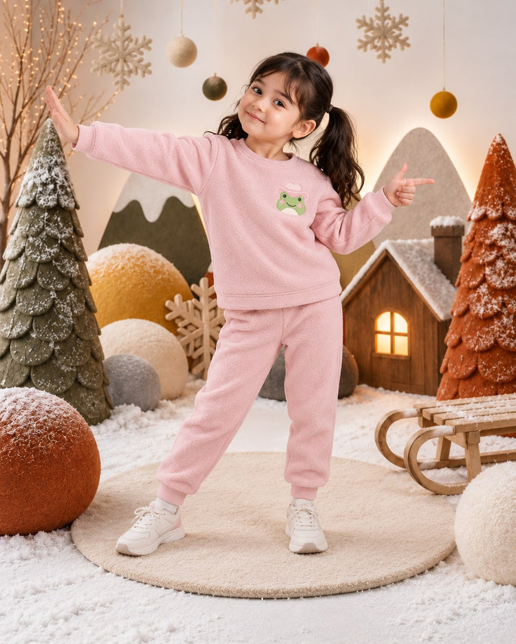 Pink Frog Fleece Set on child by Anaario – winter fleecewear