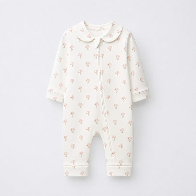 Pink Mushroom bamboo cotton baby sleepsuit — full-sleeve two-way zip romper onesie, front