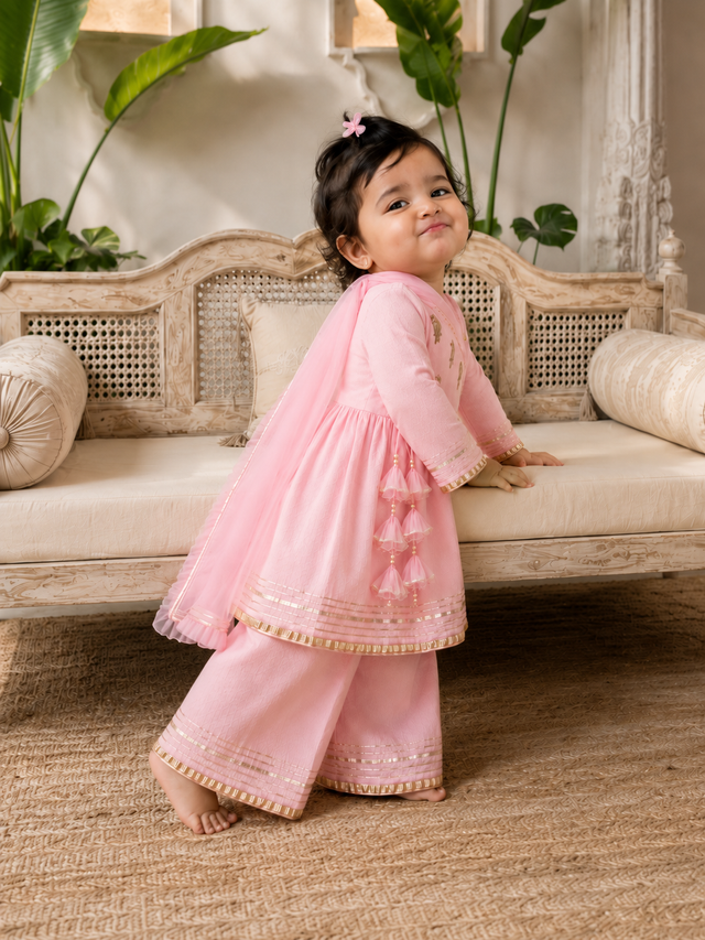 Pink baby girl angrakha wrap top and pants set with tonal parrot embroidery and matching pink net dupatta