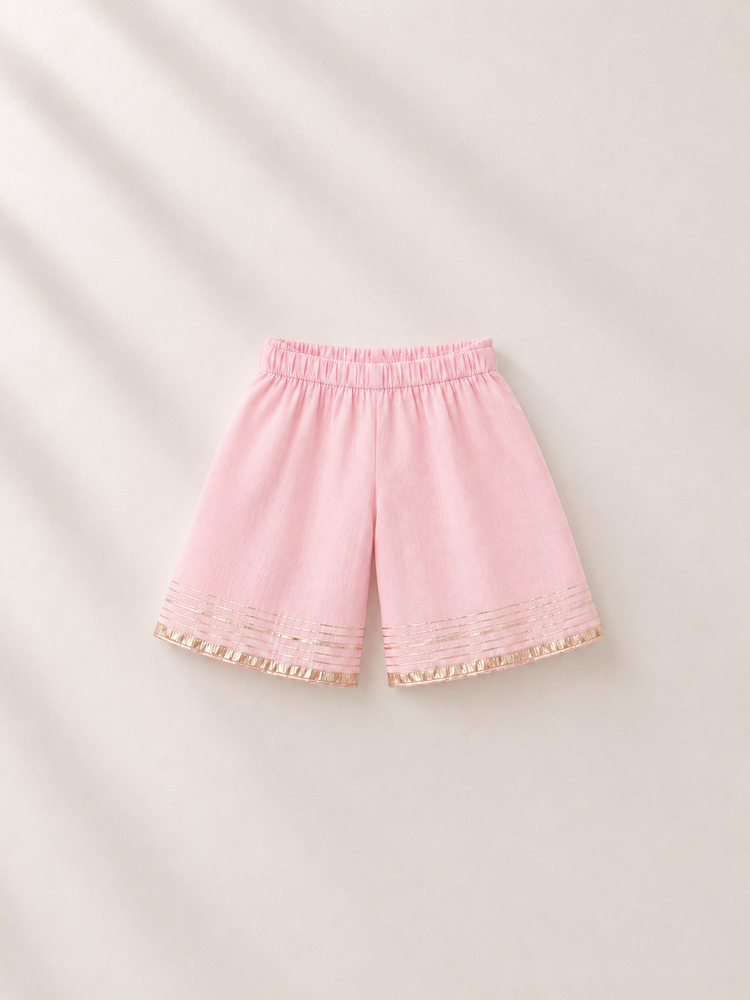 Anaario Pink Parrot Angrakha Set, pink palazzo pants flat lay with gold trim
