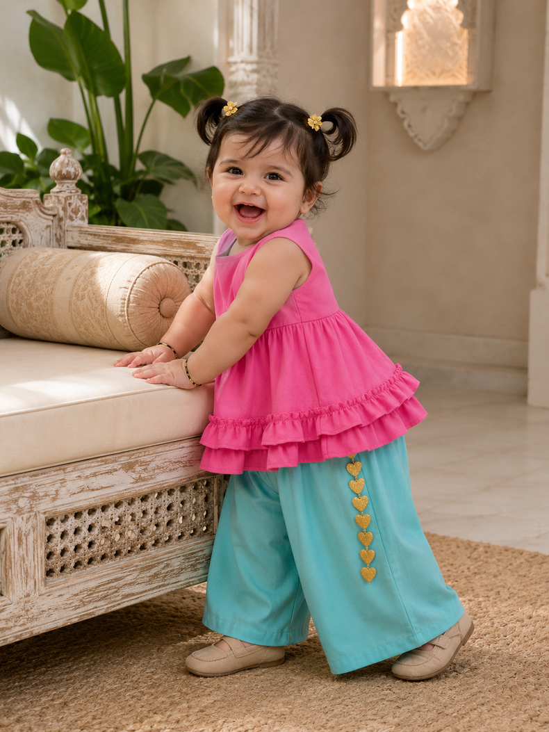 Baby wearing Anaario Pink Teal Peplum Co-ord Set, pink ruffle top with teal palazzo pants and dupatta, newborn to 24 months