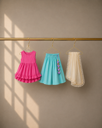 Anaario Pink Teal Peplum Co-ord Set, pink top teal pants and dupatta on hangers
