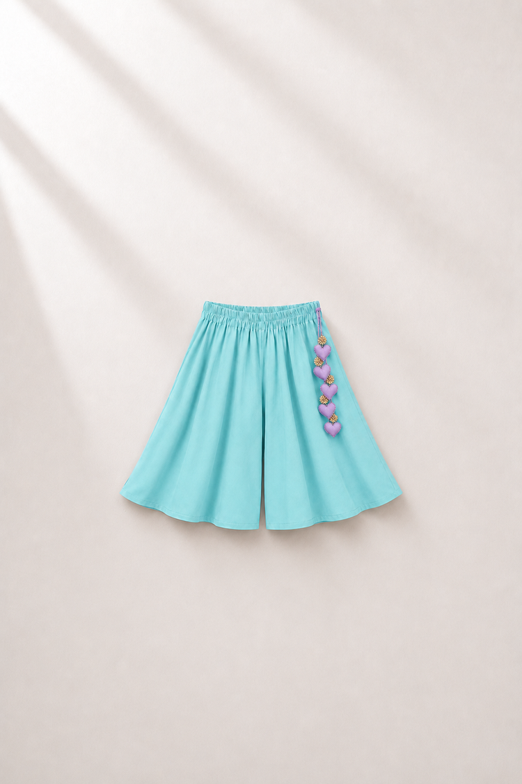Anaario Pink Teal Peplum Co-ord Set, teal palazzo pants flat lay with heart-charm tassel