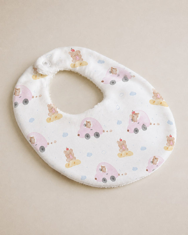 Pink Teddy bamboo baby bib — print detail