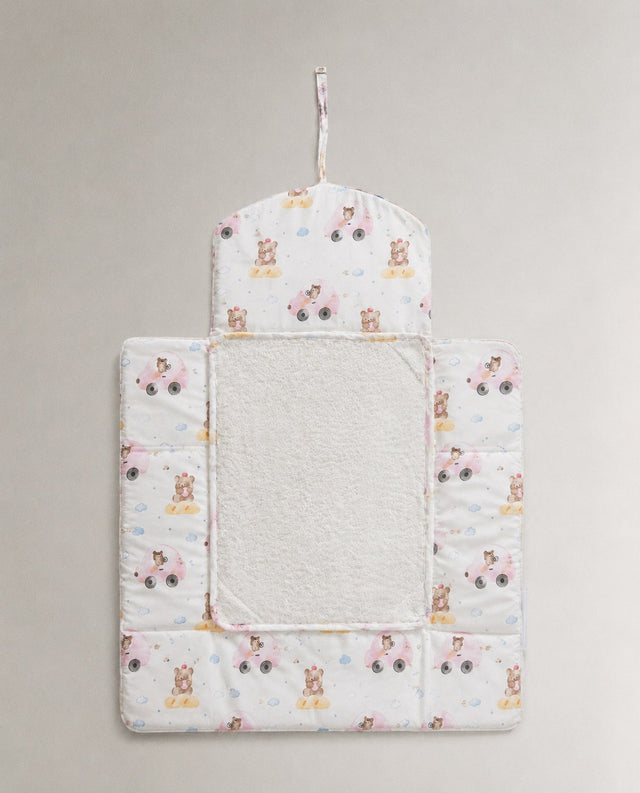 Pink Teddy bamboo baby changing mat — pink teddy print, soft bamboo cotton