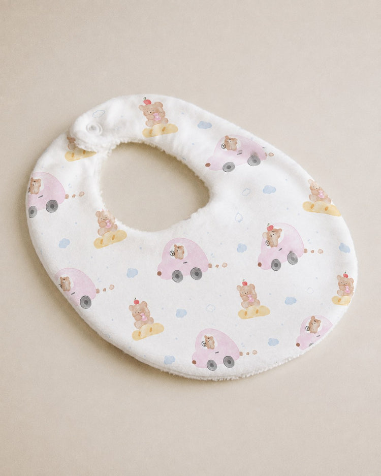 Pink Teddy bamboo baby bib — print detail
