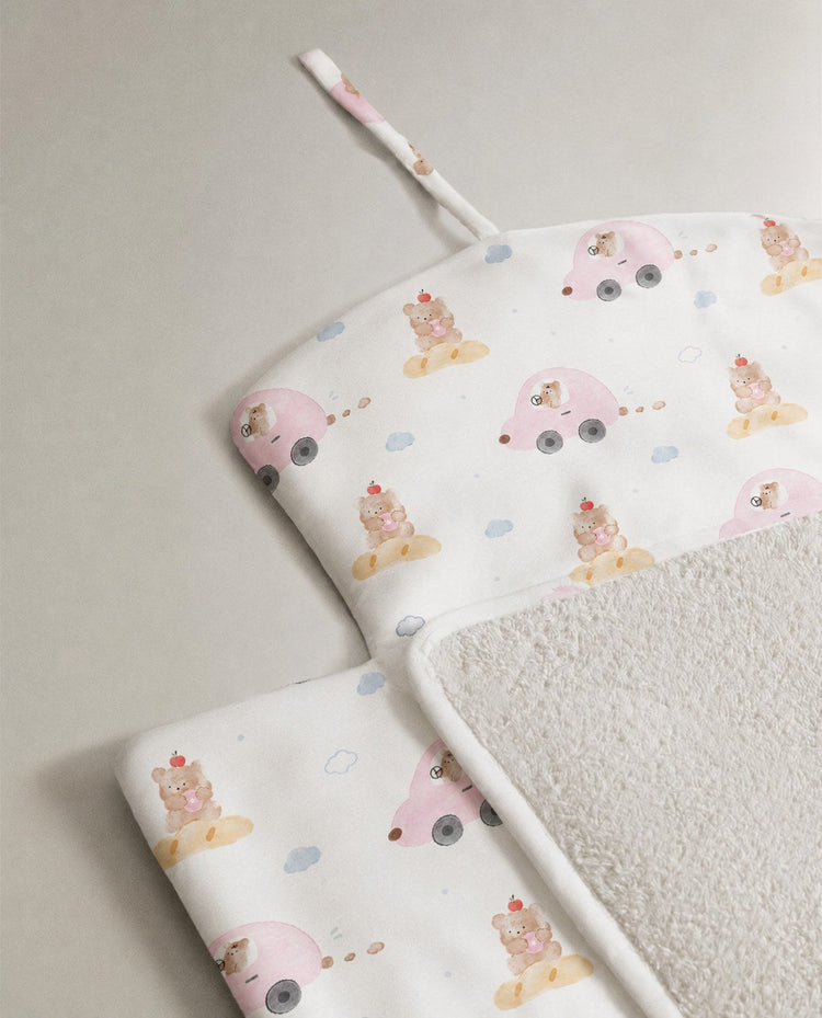 Pink Teddy bamboo baby changing mat — pink teddy print, soft bamboo cotton
