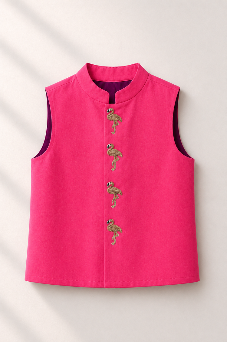Pink Waistcoat with Flamingo embroidered buttons - flat lay