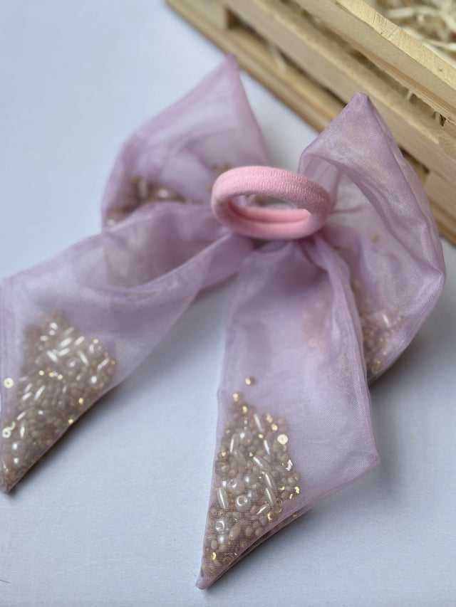 Anaario Powder Pink Beaded Bow Hair Tie, hair band for kids
