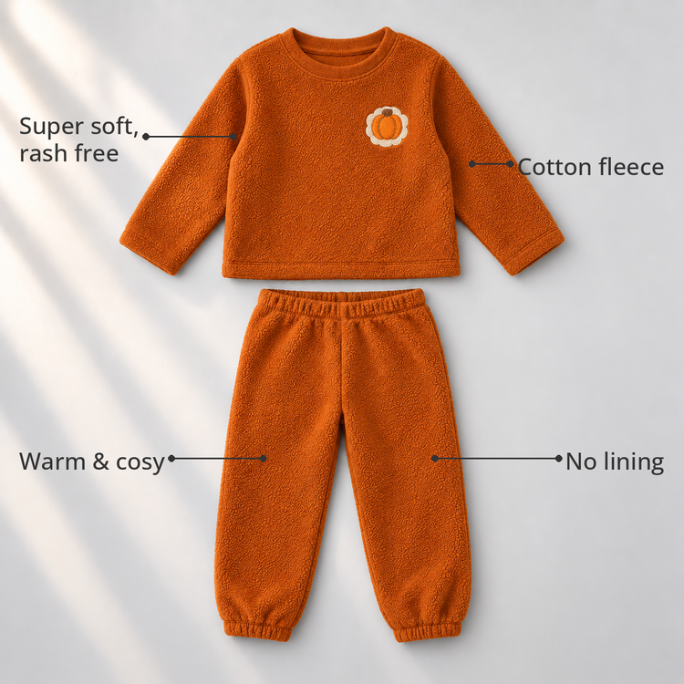 Rust Pumpkin Fleece Set feature highlights by Anaario – super soft, warm cotton fleece, no lining