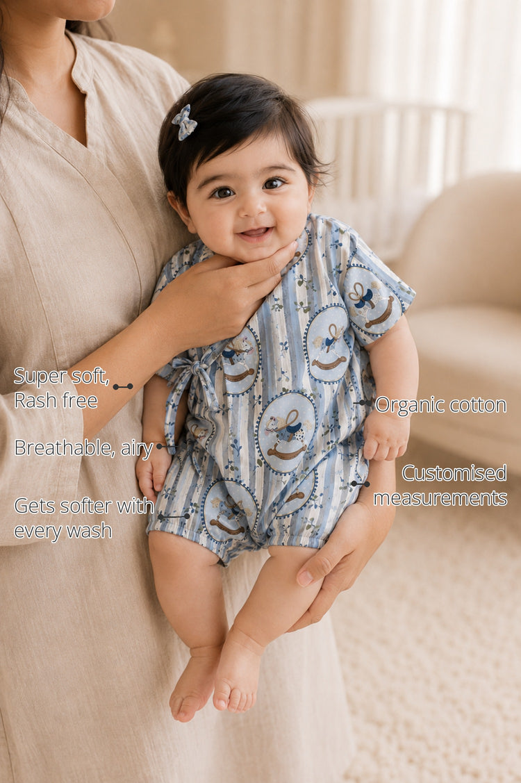 Blue Rocking Horse Wrap Baby Romper features