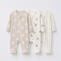 Puppy & Stripe bamboo baby sleepsuit combo — coordinating full-sleeve two-way zip romper onesies