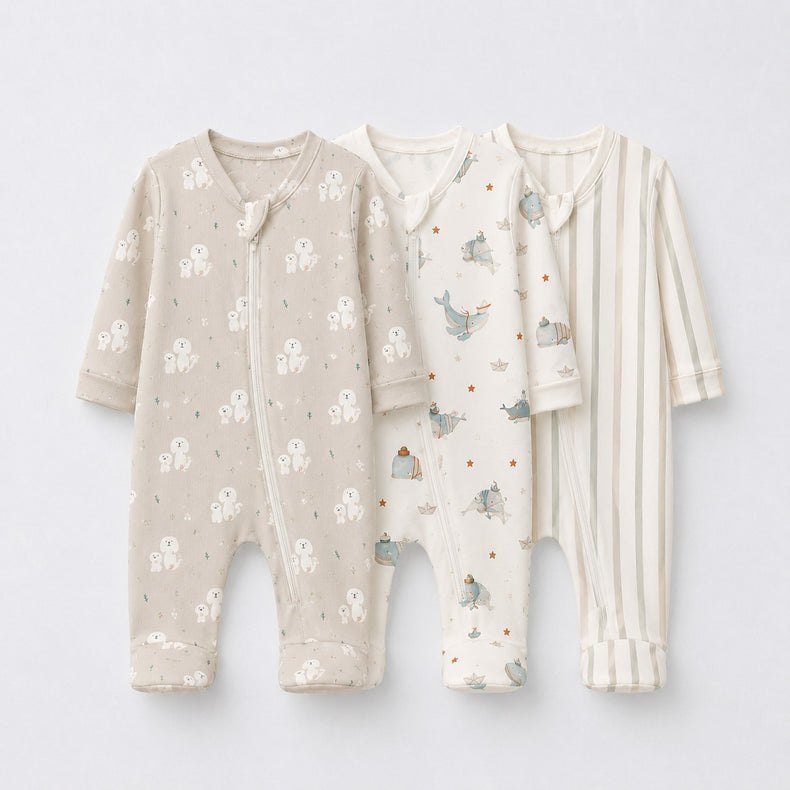 Puppy & Stripe bamboo baby sleepsuit combo — coordinating full-sleeve two-way zip romper onesies