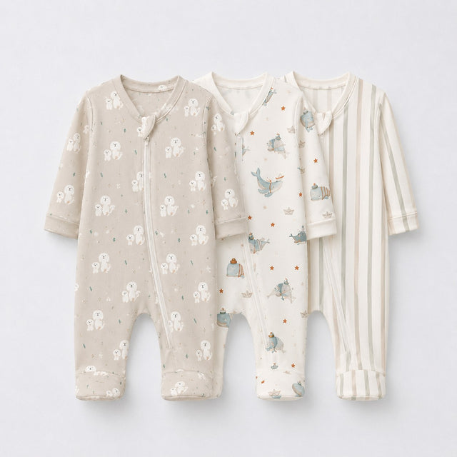 Puppy & Stripe bamboo baby sleepsuit combo — coordinating full-sleeve two-way zip romper onesies