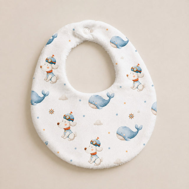 Puppy & Whale bamboo baby bib — absorbent sherpa backing