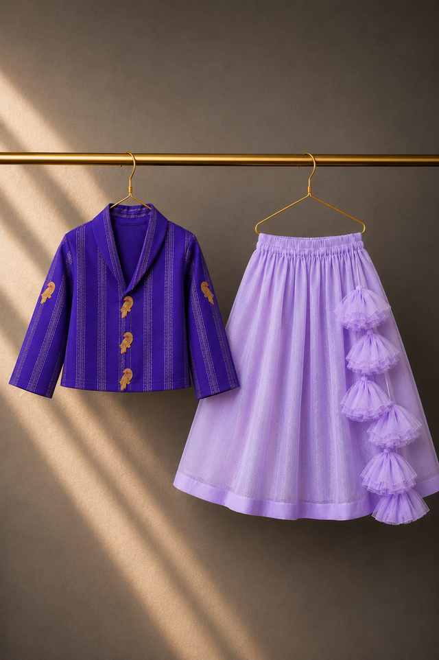 Girl wearing Anaario Purple Bird Jacket-Lehenga Set
