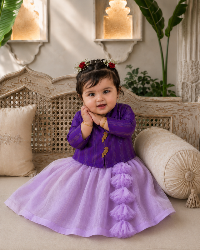 Baby girl in purple jacket and lilac flared lehenga set - Anaario