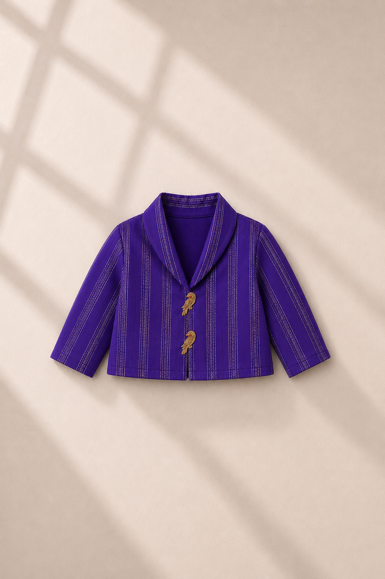 Anaario Purple Bird Jacket-Lehenga Set, purple jacket flat lay with gold bird buttons