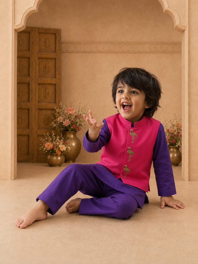 Purple Flamingo-Motif Waistcoat Set (Pink Waistcoat) - lifestyle photo, archway backdrop