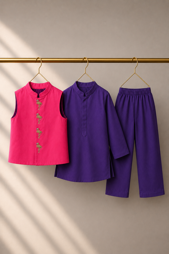 Purple Flamingo-Motif Waistcoat Set (Pink Waistcoat) - flat lay, waistcoat, kurta and pants