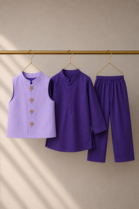Purple Palm-Motif Waistcoat Set (Lilac Waistcoat) - flat lay, waistcoat, kurta and pants