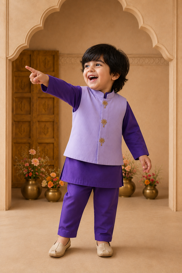 Purple Palm-Motif Waistcoat Set (Lilac Waistcoat) - lifestyle photo, archway backdrop