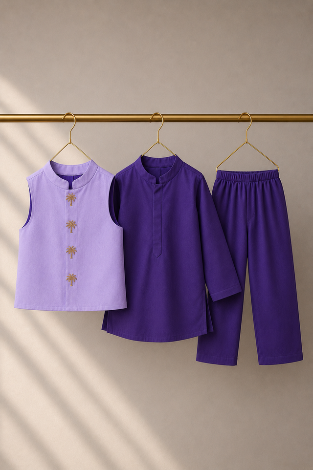 Purple Palm-Motif Waistcoat Set (Lilac Waistcoat) - flat lay, waistcoat, kurta and pants