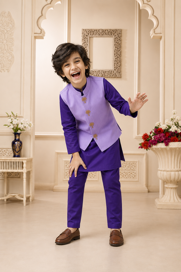Purple palm-motif waistcoat set with lilac waistcoat by Anaario