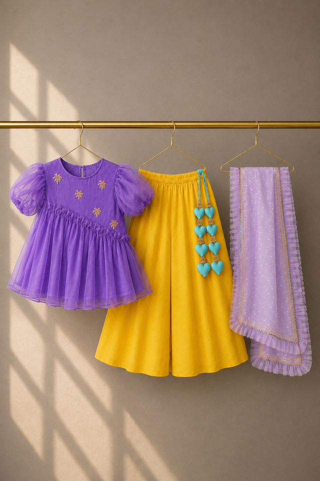 Girl wearing Anaario Purple Palm Peplum Palazzo Set