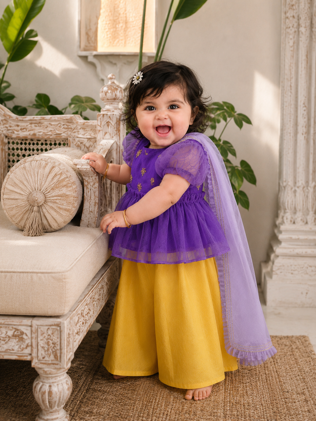 Purple puff sleeve peplum top with gold palm embroidery, mustard yellow palazzo pants and lilac dupatta for baby girl