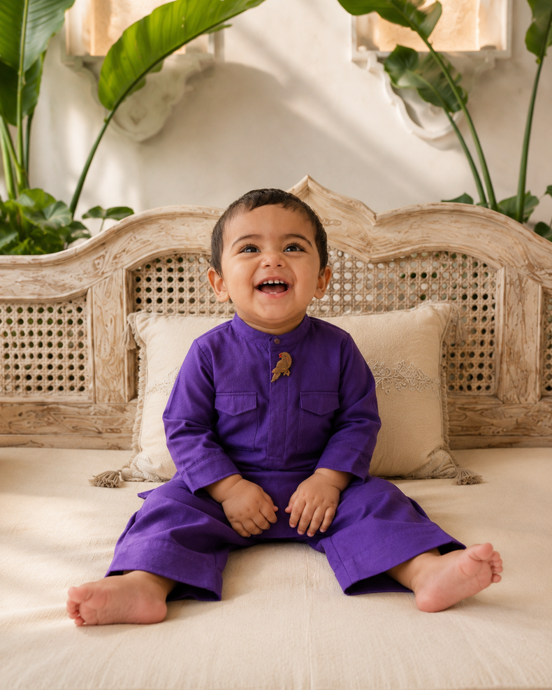 Baby wearing Anaario Purple Parrot-Motif Baby Kurta Set, purple kurta with parrot motif, newborn to 24 months