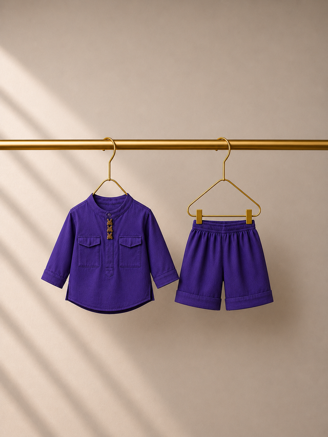 Baby wearing Anaario Purple Parrot-Motif Baby Kurta Set, purple kurta with parrot motif, newborn to 24 months