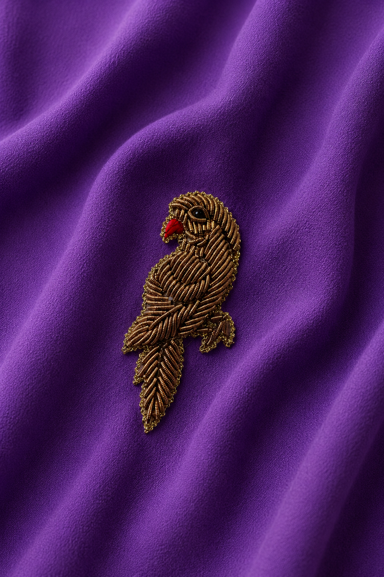 Purple Parrot-Motif Kurta Set - parrot brooch detail