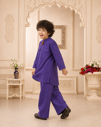 Purple Parrot-Motif Kurta Set - boy under arch