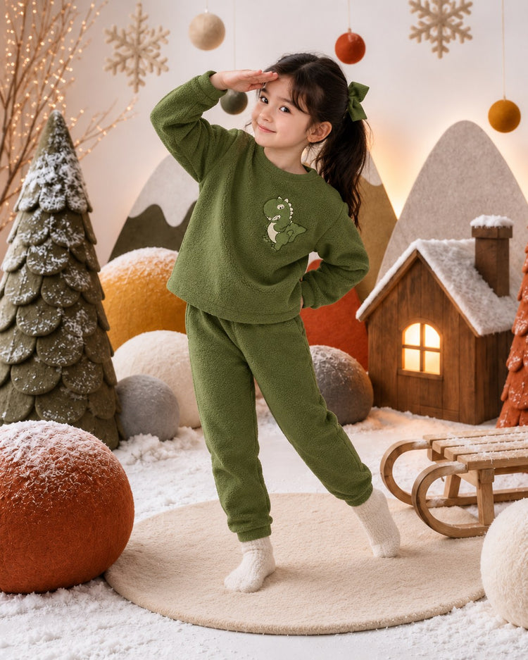 Olive Green Dino Fleece Set on child by Anaario – winter fleecewear