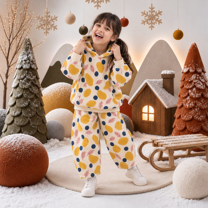 Mustard Lemons Hooded Barrel Pant Set on girl by Anaario – winter kidswear