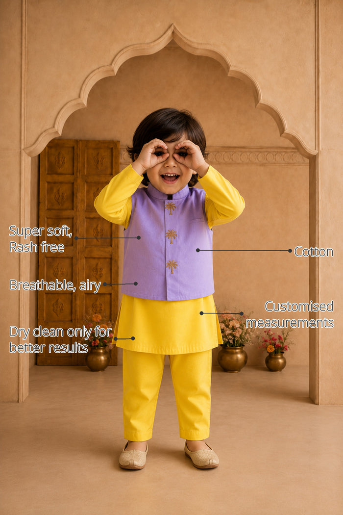 Yellow Palm-Motif Boys' Waistcoat Set (Lilac Waistcoat) features