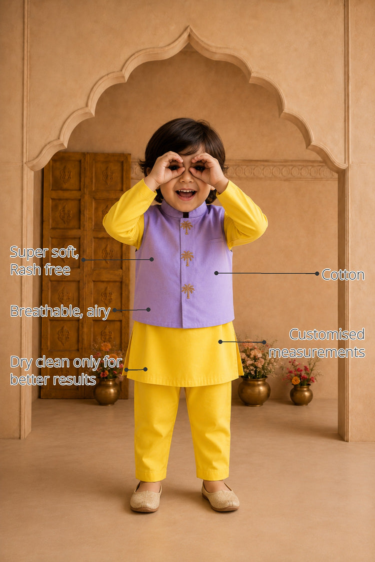 Yellow Palm-Motif Boys' Waistcoat Set (Lilac Waistcoat) features