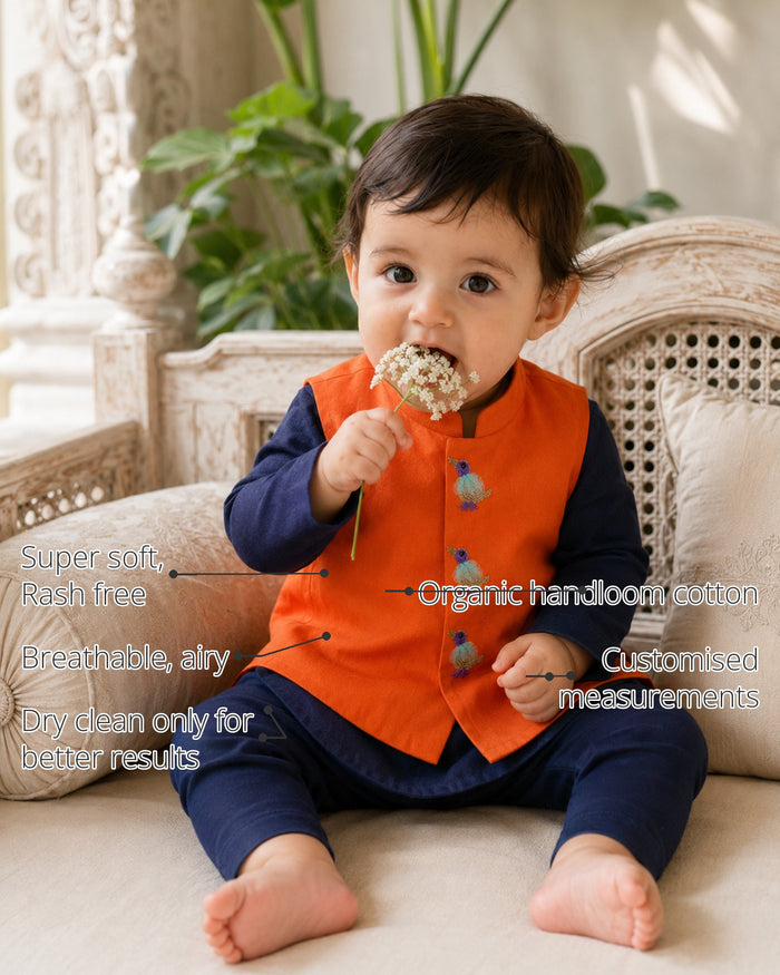 Navy Bird Motif Baby Waistcoat Kurta Set features