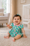 Aqua Pink Polka Dot Bow Baby Romper features