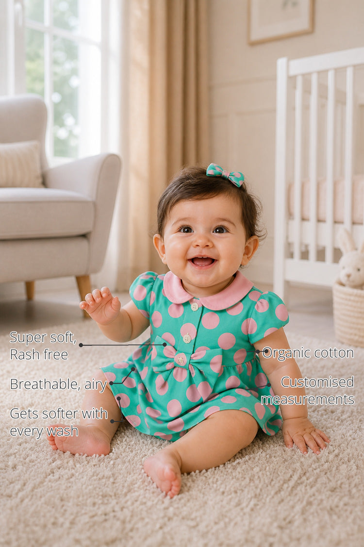 Aqua Pink Polka Dot Bow Baby Romper features