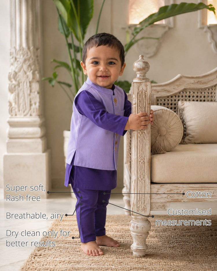 Purple Palm-Motif Baby Waistcoat Kurta Set features