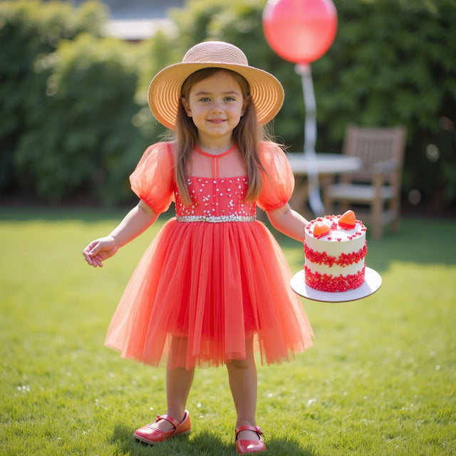 Girl wearing Anaario Coral Blossom Princess Dress, coral puff-sleeve tulle dress with beaded bodice