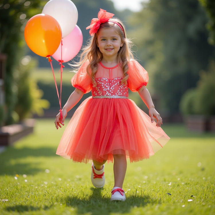 Girl wearing Anaario Coral Blossom Princess Dress, coral puff-sleeve tulle dress with beaded bodice