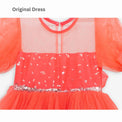 Girl wearing Anaario Coral Blossom Princess Dress, coral puff-sleeve tulle dress with beaded bodice