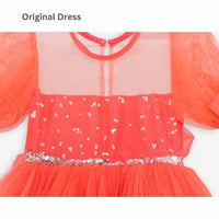 Girl wearing Anaario Coral Blossom Princess Dress, coral puff-sleeve tulle dress with beaded bodice
