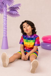 Boy wearing Anaario Rainbow Grid Shorts