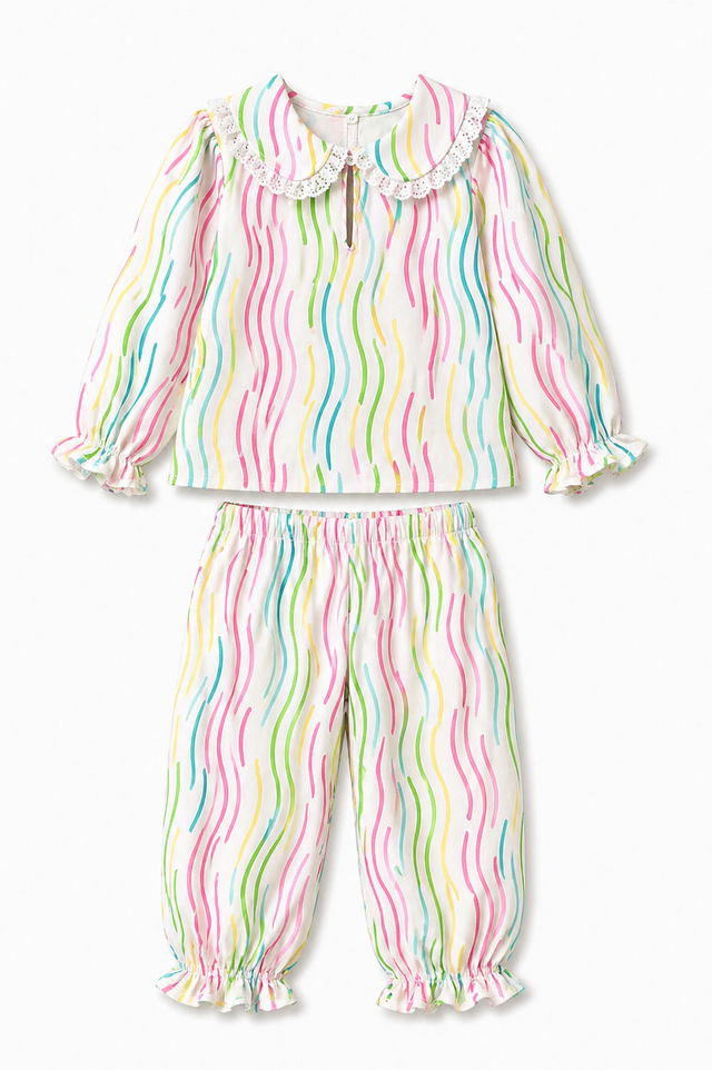 Girl wearing Anaario Rainbow Waves Night Suit