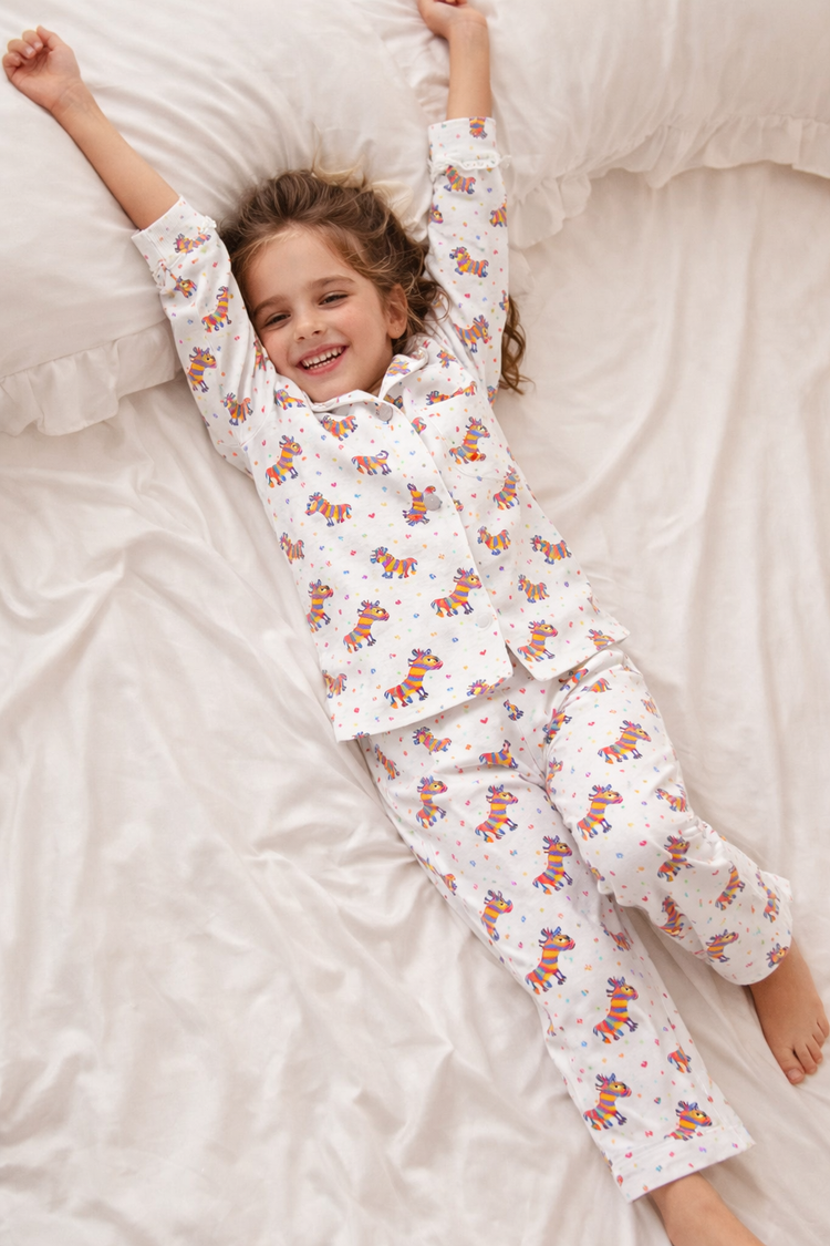 Boy wearing Anaario Rainbow Zebra Night Suit