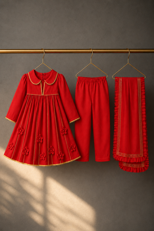 Girl wearing Anaario Red Anarkali Set